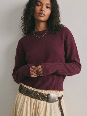 Burgundy Wool Blend Crewneck Sweater Oversized Knit Pullover Long Sleeve Ribbed